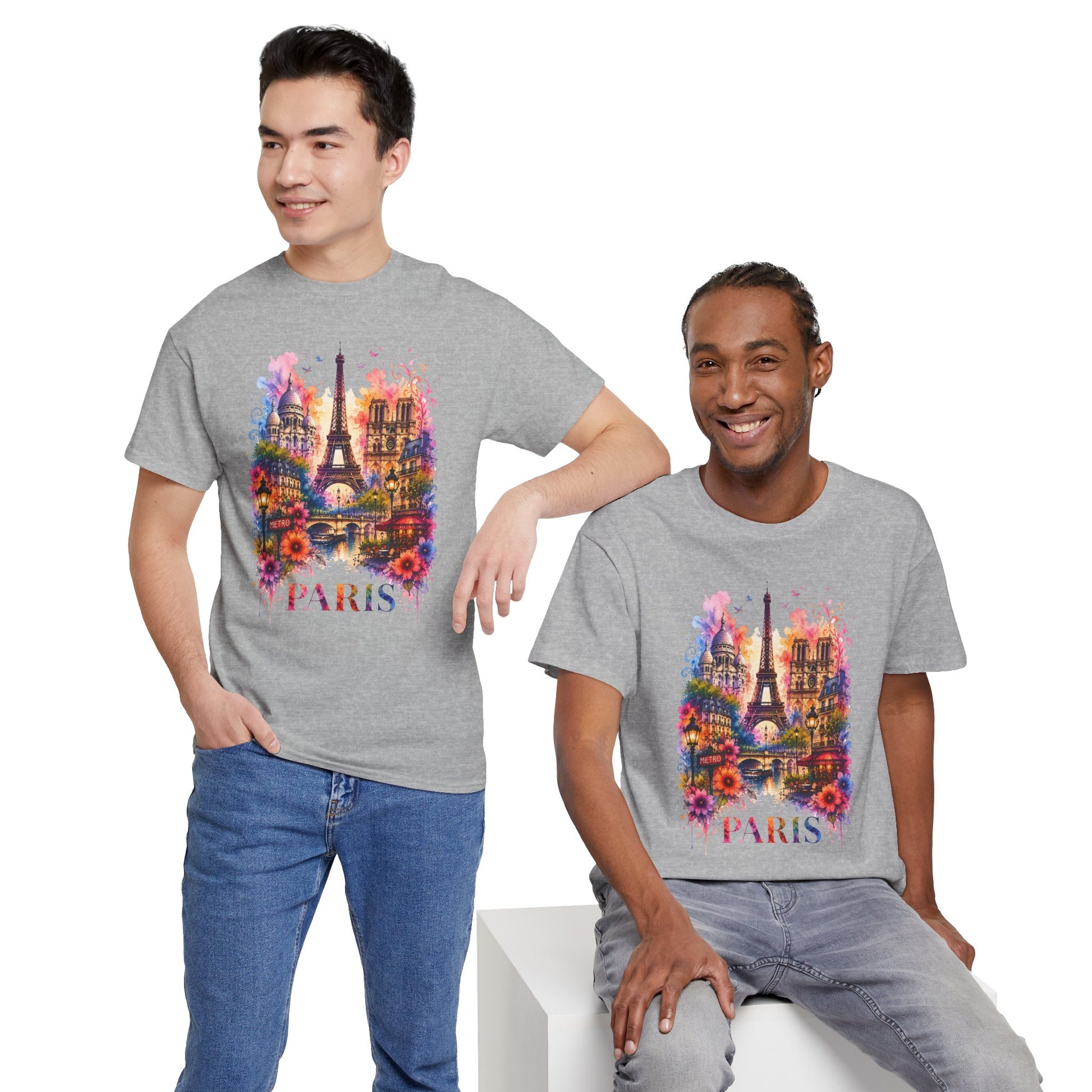 Eiffel Tower floral watercolor T-shirt in charcoal gray with Paris Eiffel graphic, front view