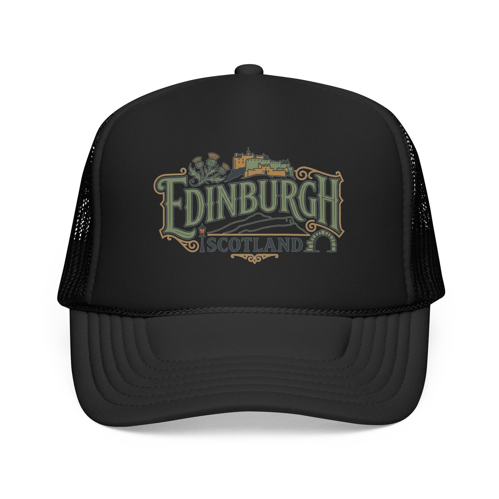 Black trucker hat with mesh back and Edinburgh Scotland logo