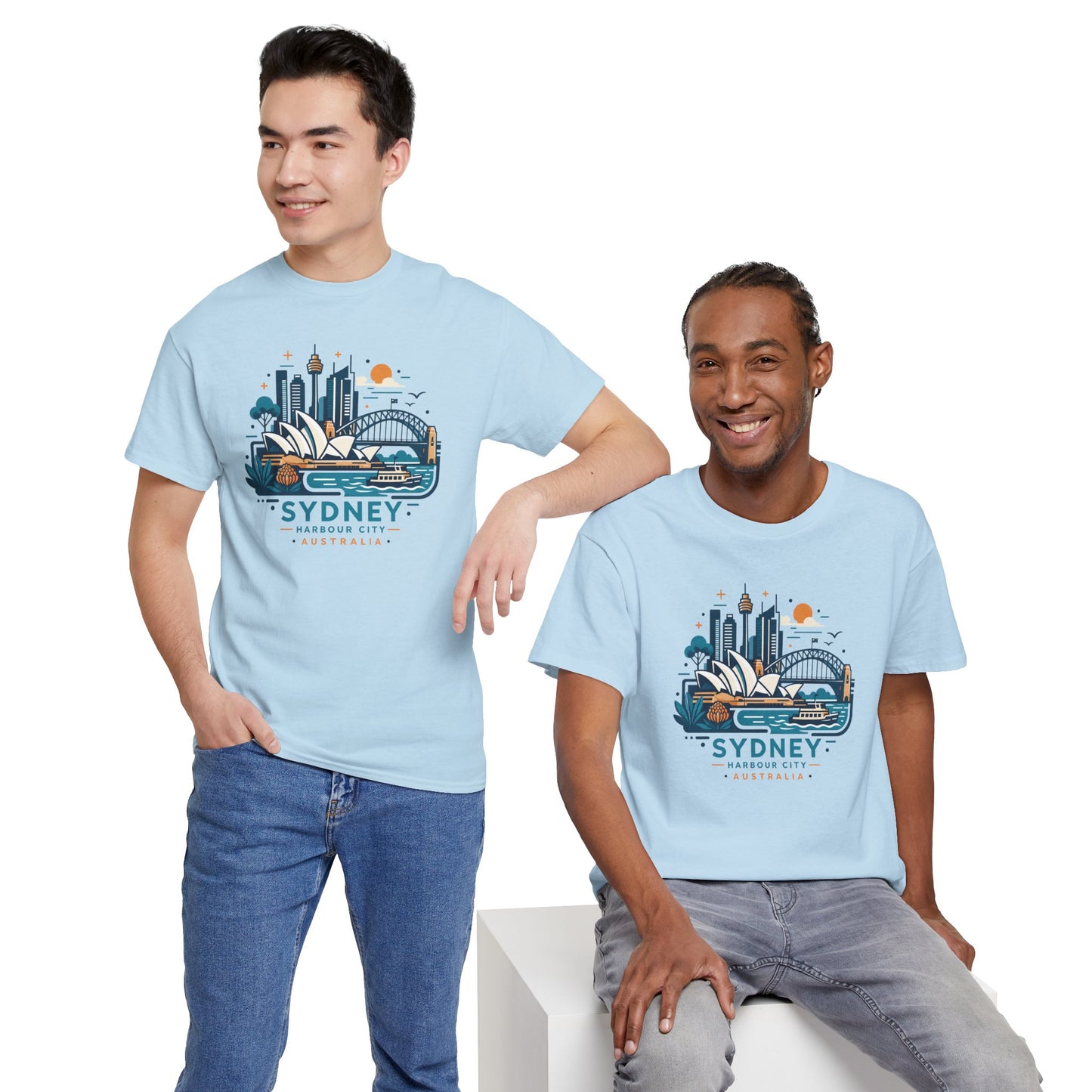 Light blue short-sleeve t-shirt with Sydney cityscape graphic on the chest