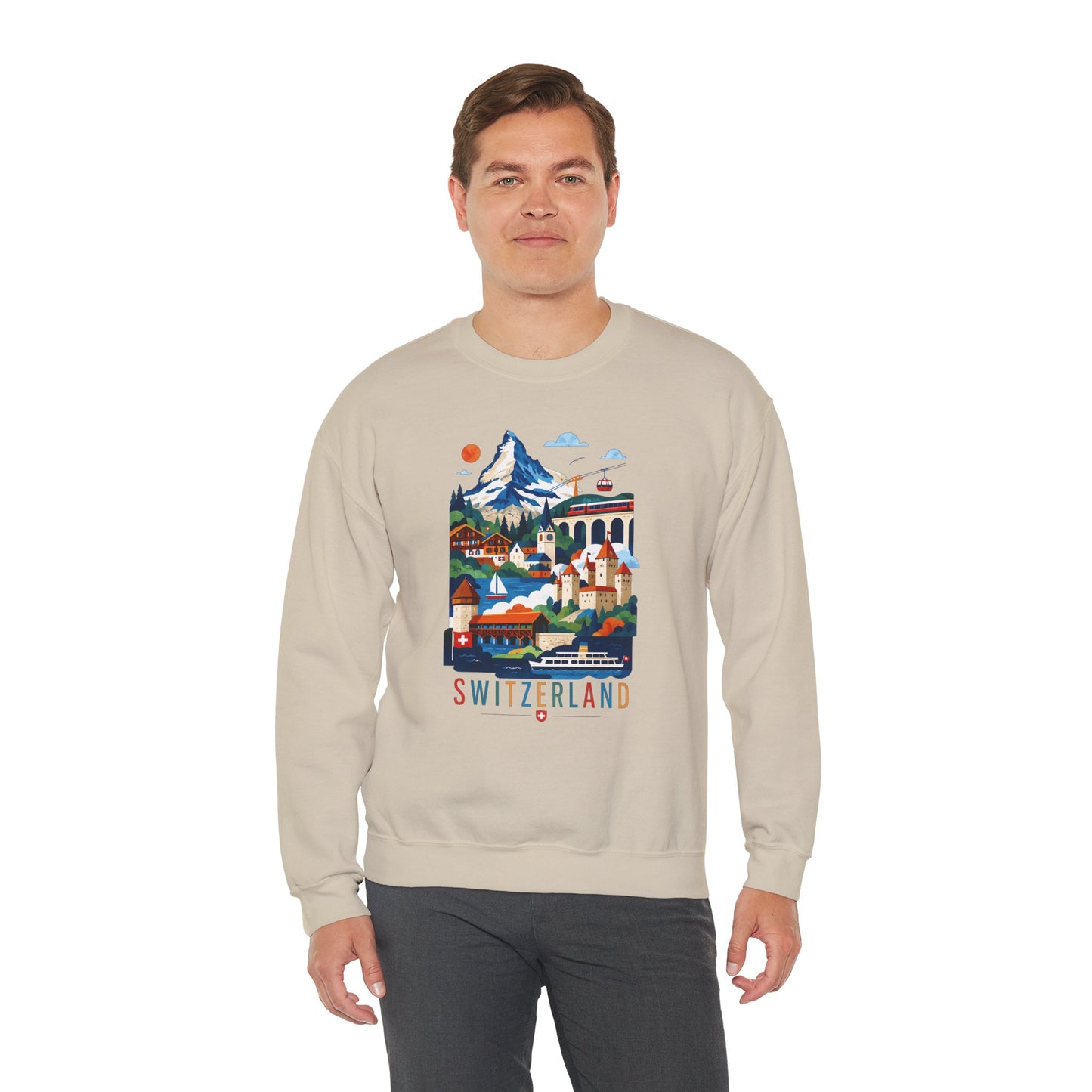 Beige crewneck sweatshirt with colorful Switzerland graphic on the front