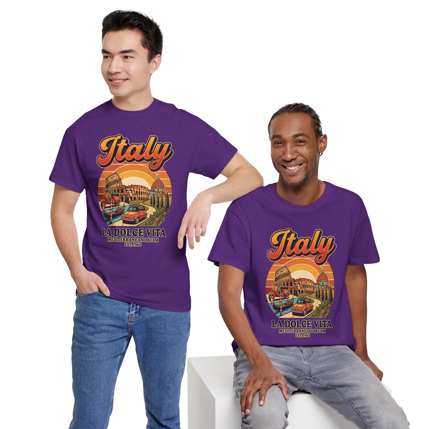 Purple crew-neck T-shirt with 'Italy La Dolce Vita' chest graphic on model