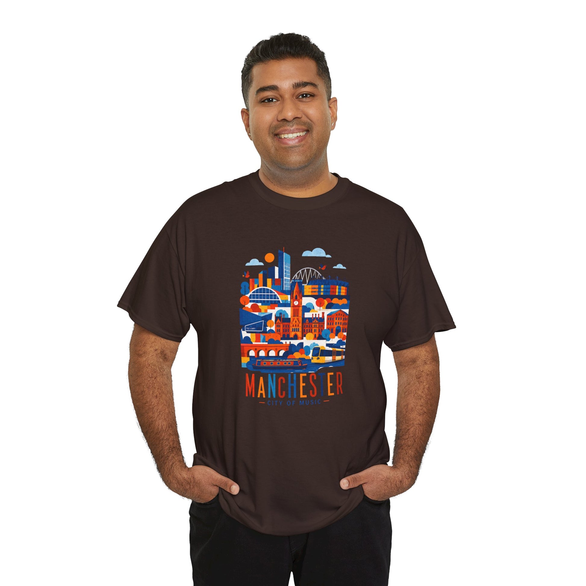 Dark brown crewneck t-shirt with multicolor Manchester skyline graphic on front