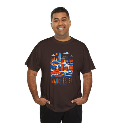 Dark brown crewneck t-shirt with multicolor Manchester skyline graphic on front
