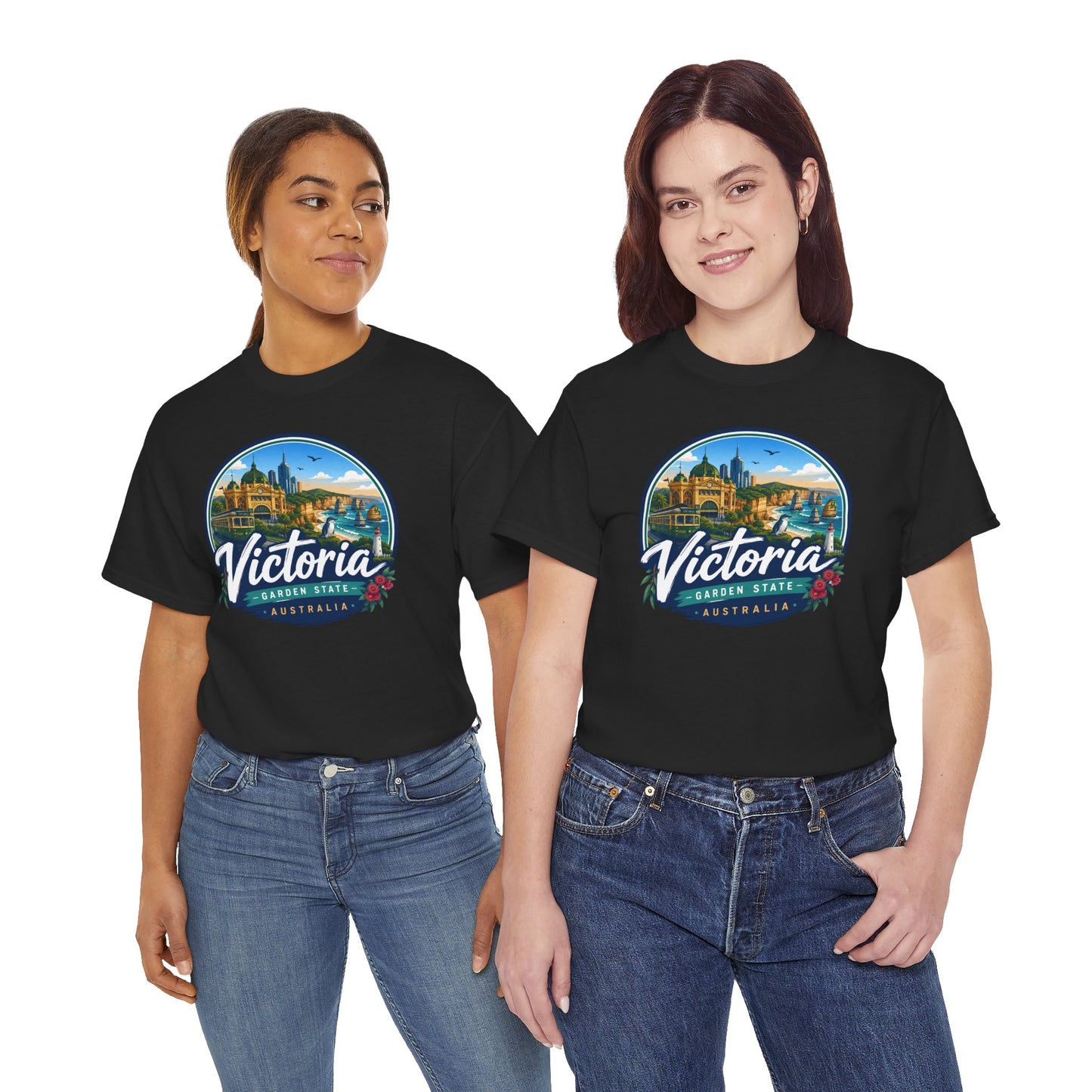 Black travel tee with Victoria Australia front graphic print, worn by two models