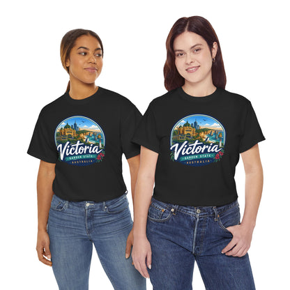 Black travel tee with Victoria Australia front graphic print, worn by two models