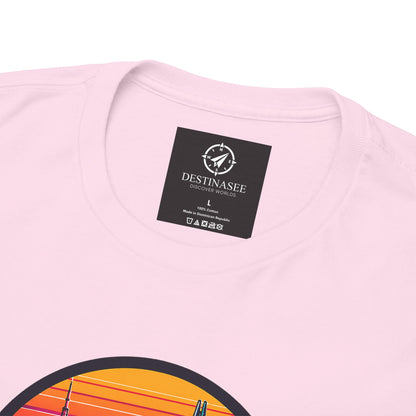 Light pink t-shirt close-up at back neckline with black product label