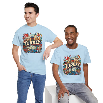 Light blue graphic tee worn by two people, front Turkey cityscape print