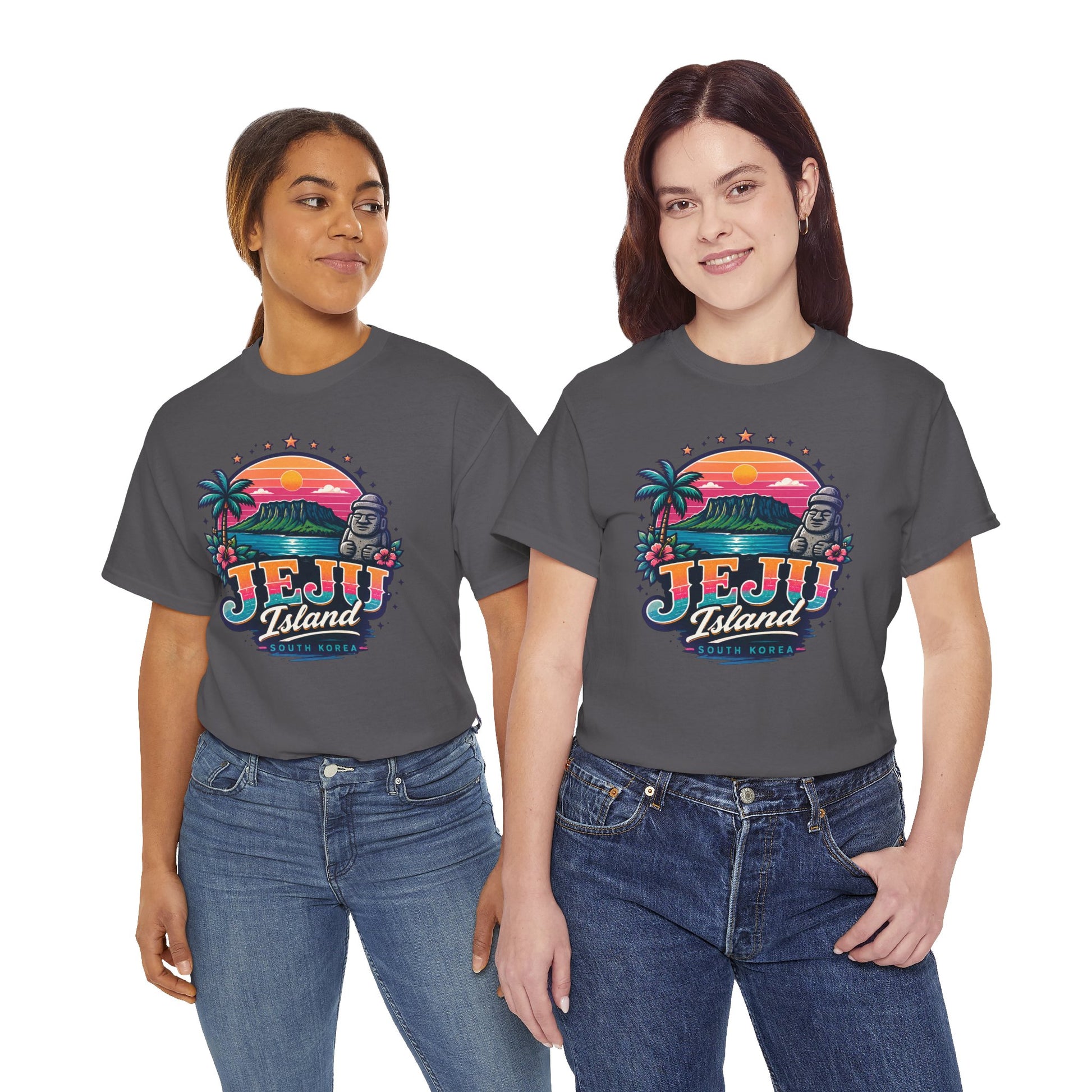 Charcoal T-shirt with island sunset graphic on the chest, worn by two people