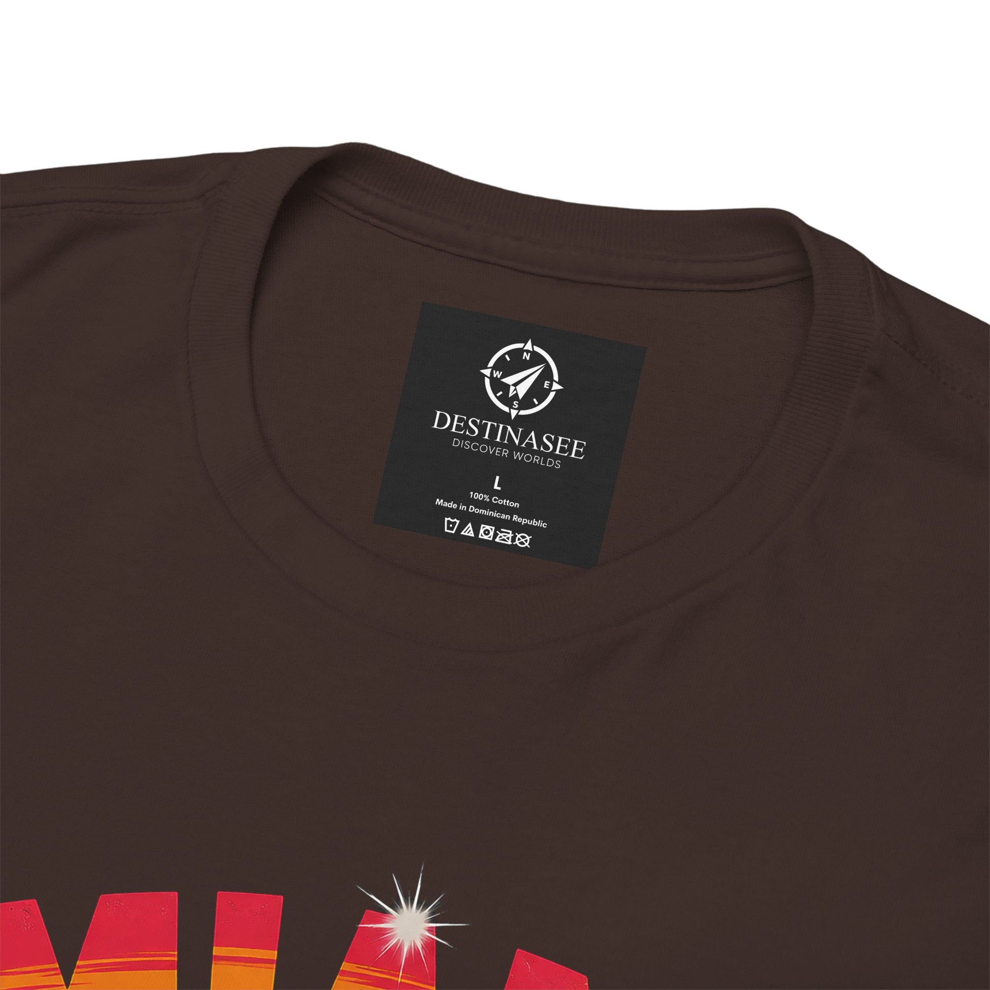 Dark brown crew-neck T-shirt with neck label and partial graphic print