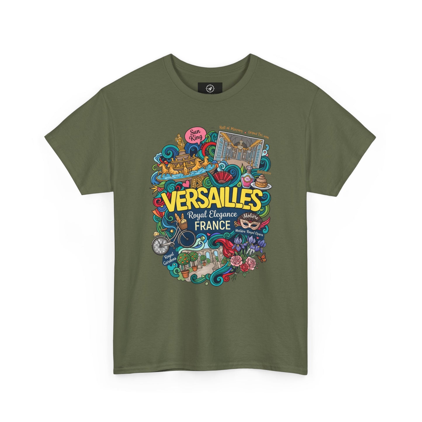 Olive green crew-neck short-sleeve T-shirt with colorful Versailles France graphic.