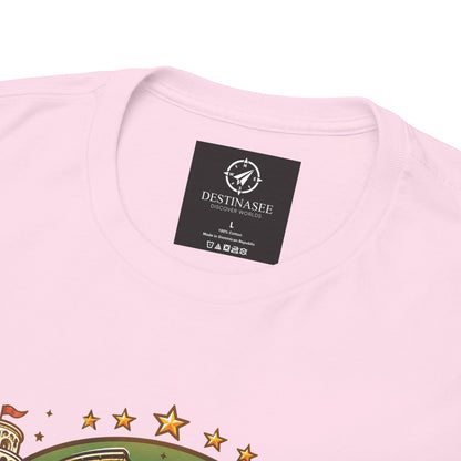 Light pink T-shirt neckline closeup with brand label and part Italy graphic