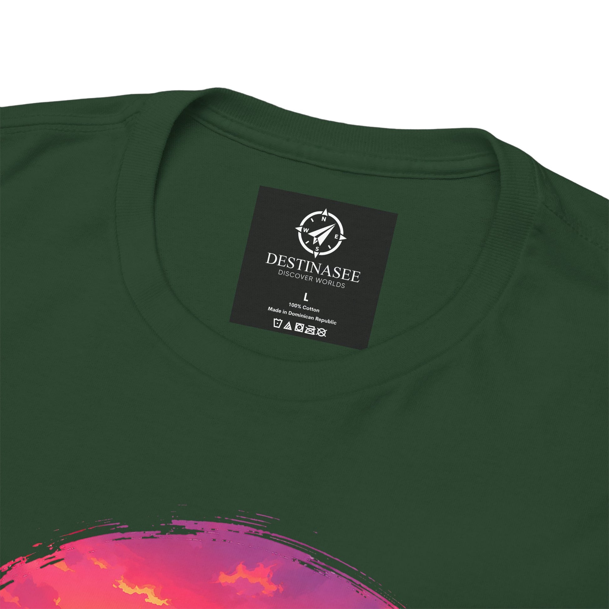 Dark green T-shirt close-up: neckline label and Busan sunset graphic on chest.