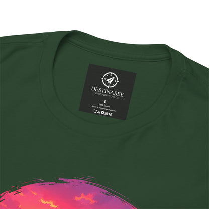 Dark green T-shirt close-up: neckline label and Busan sunset graphic on chest.