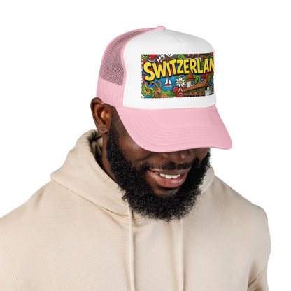 Light pink and white trucker hat with colorful Switzerland graphic patch, worn on head.