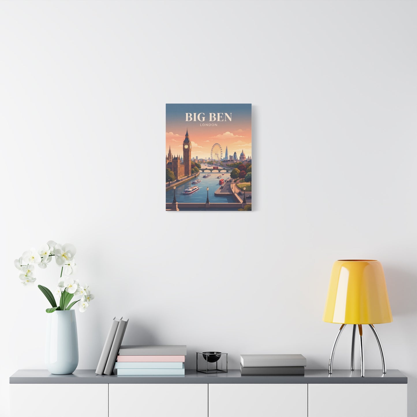 Small matte canvas wall art with “BIG BEN LONDON” text, Ferris wheel, and river boats