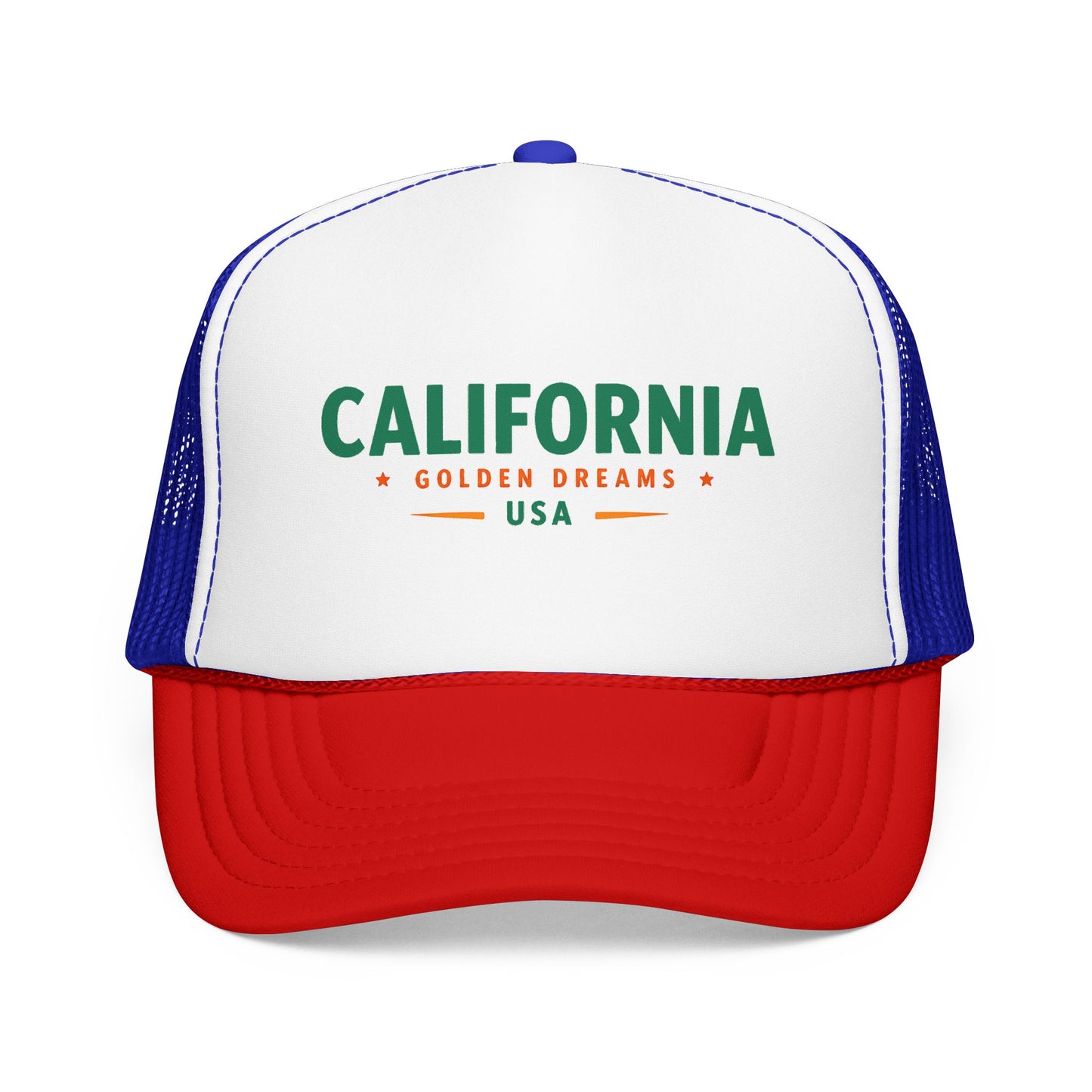 Two-tone trucker hat with white front, blue mesh sides, and red brim with green “California” logo