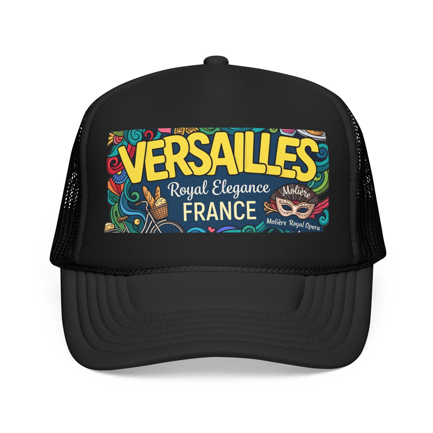 Black trucker hat with mesh side panels and colorful 'Versailles France' front patch
