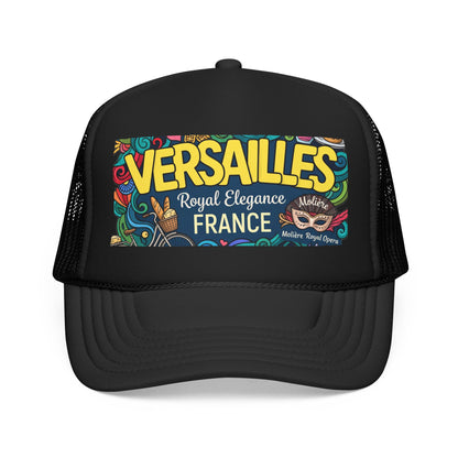 Black trucker hat with mesh side panels and colorful 'Versailles France' front patch