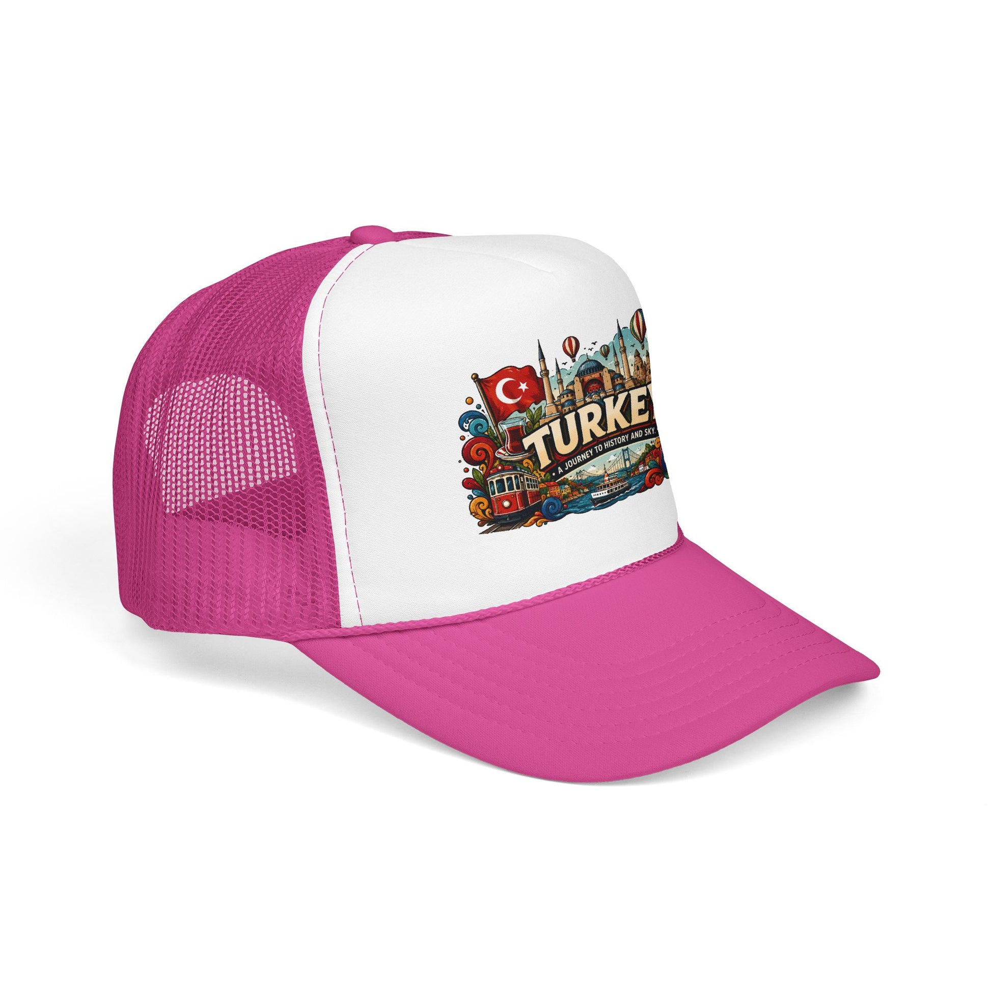 Pink and white trucker hat with magenta brim and printed Turkey front patch