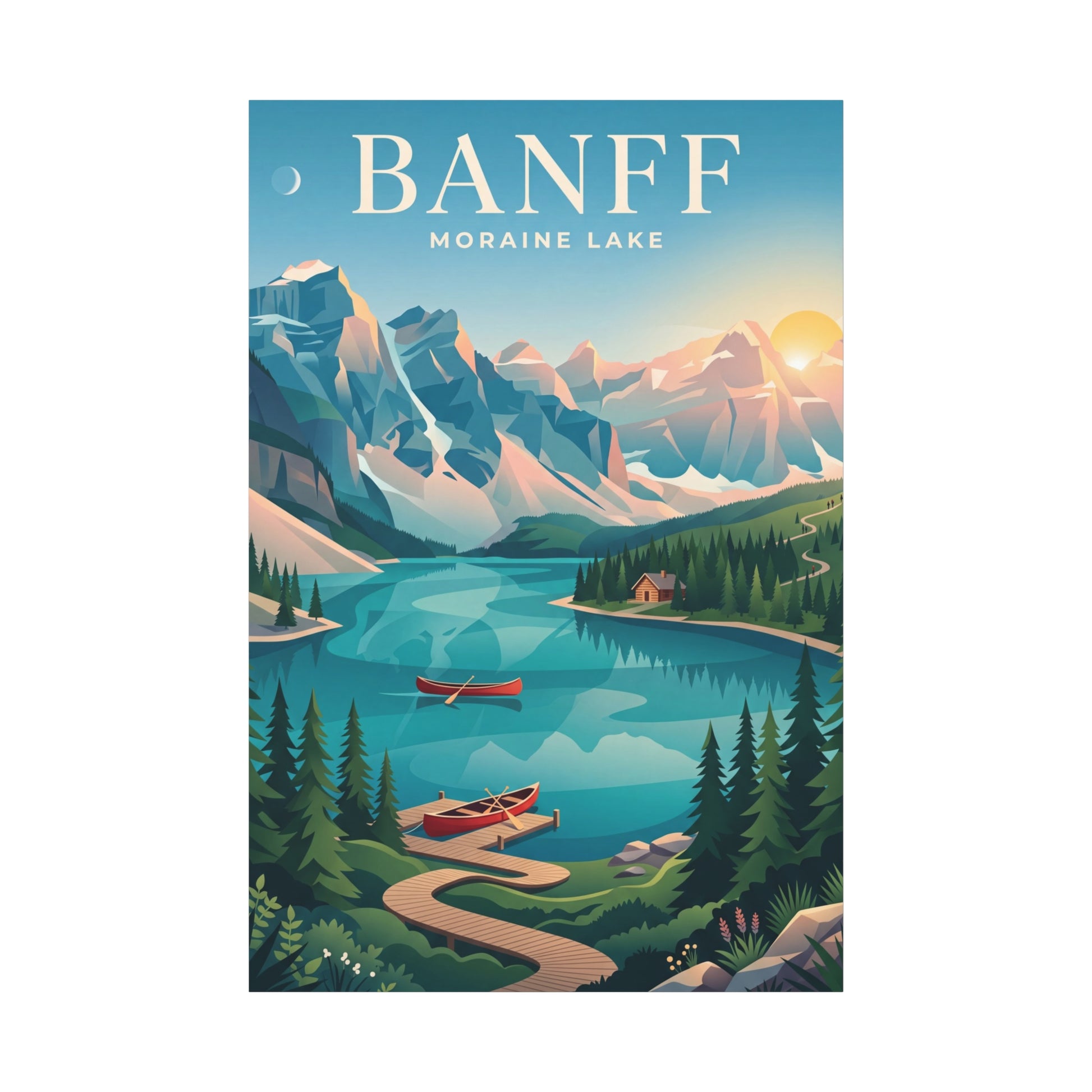 Vertical matte canvas wall art of Banff Moraine Lake with mountains, forest, and canoes