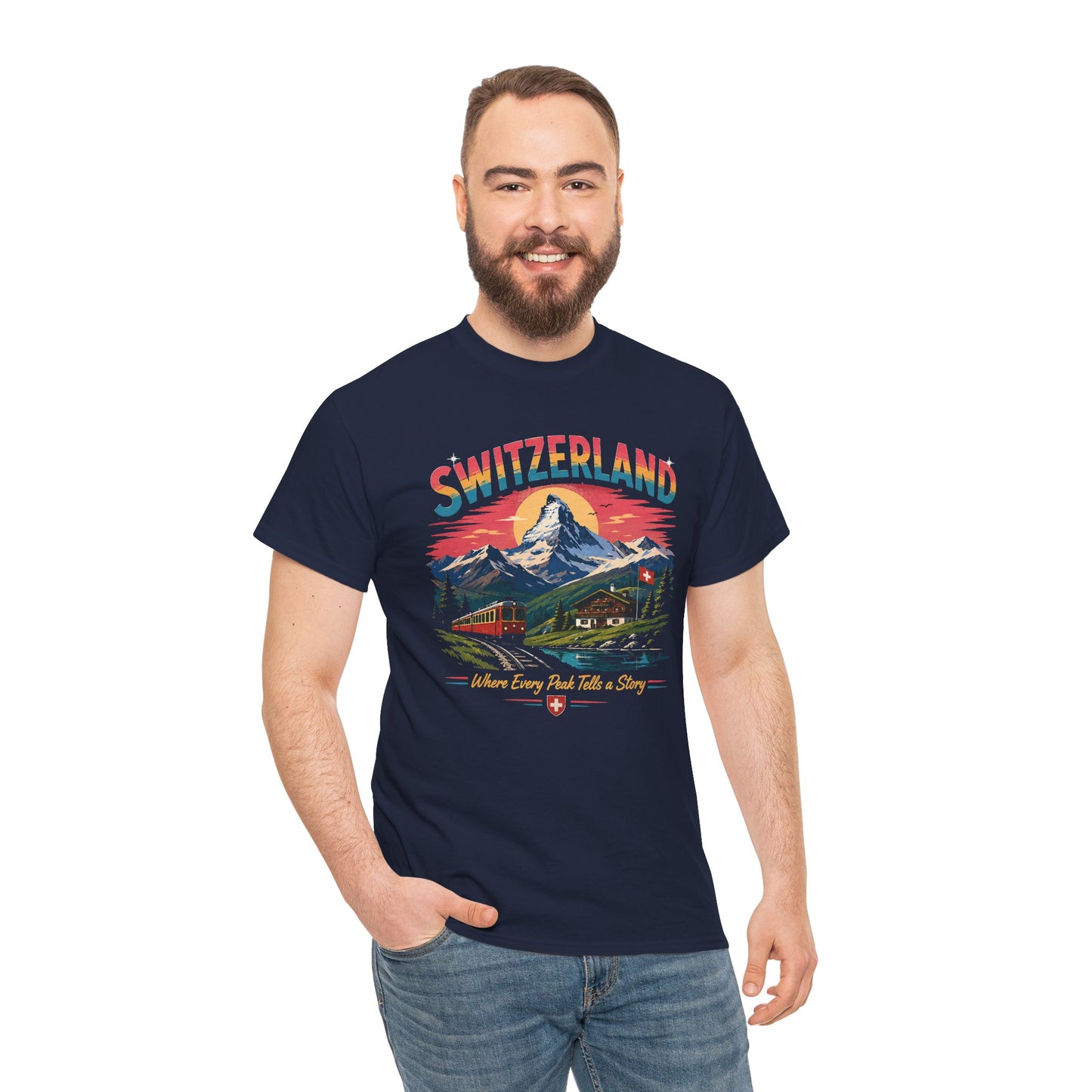 Navy crew-neck T-shirt on a man with Switzerland mountain front graphic.
