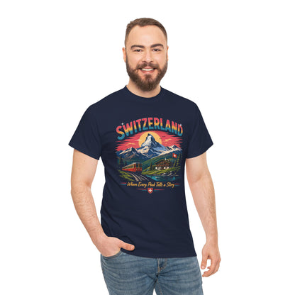 Navy crew-neck T-shirt on a man with Switzerland mountain front graphic.