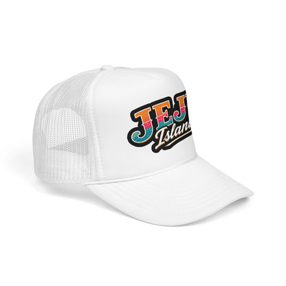 Foam trucker hat, white crown with white mesh and Jeju Island logo