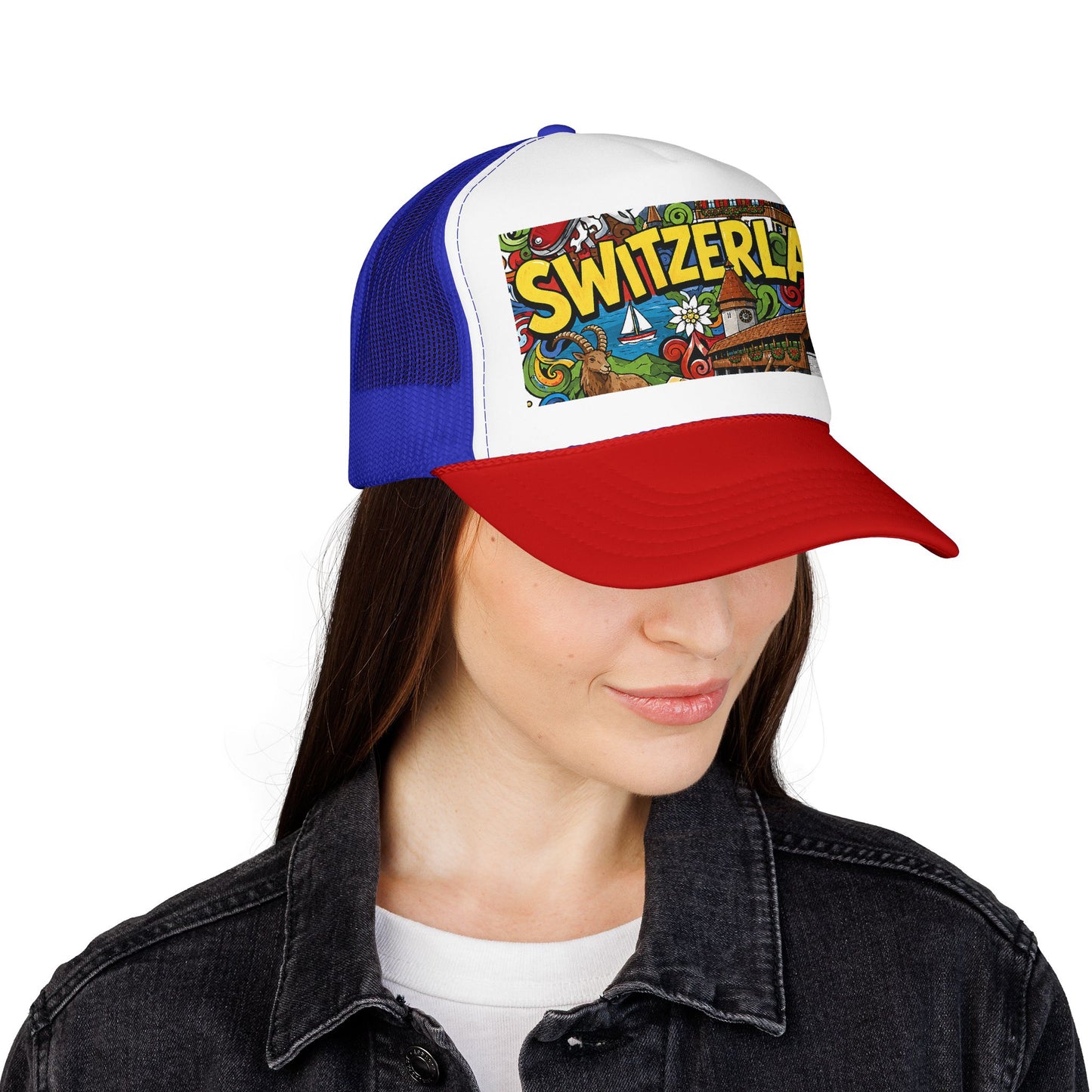 Trucker hat with blue mesh, white front panel, red curved brim, and Switzerland graphic patch