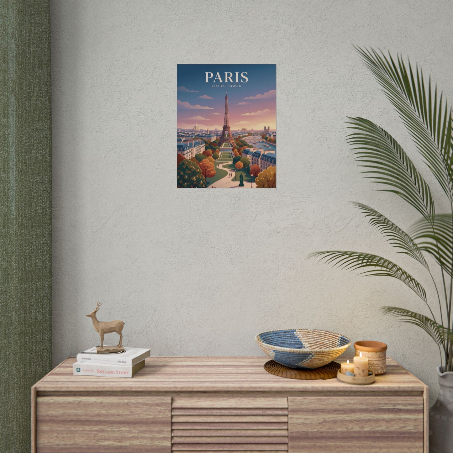 Small Paris Eiffel Tower poster on wall with illustrated city view