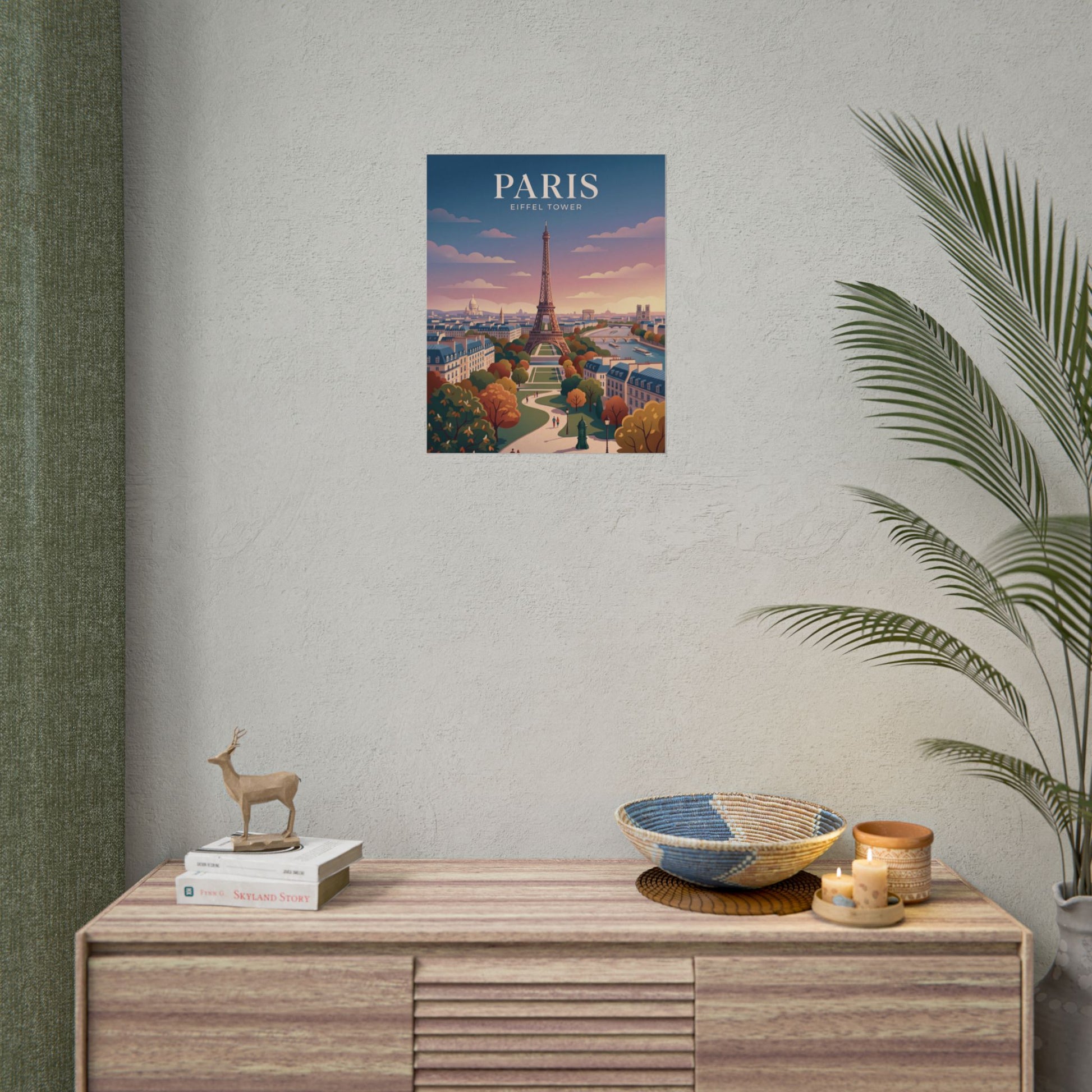 Small Paris Eiffel Tower poster on wall with illustrated city view