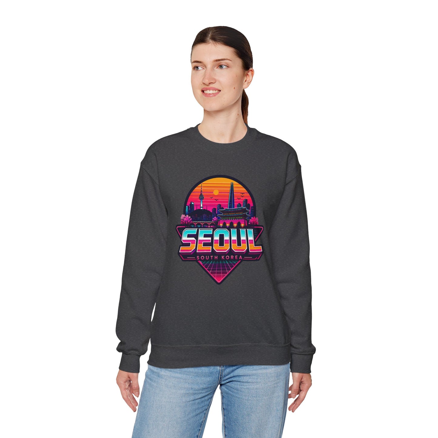 Dark gray crewneck sweatshirt with Seoul cityscape graphic on chest
