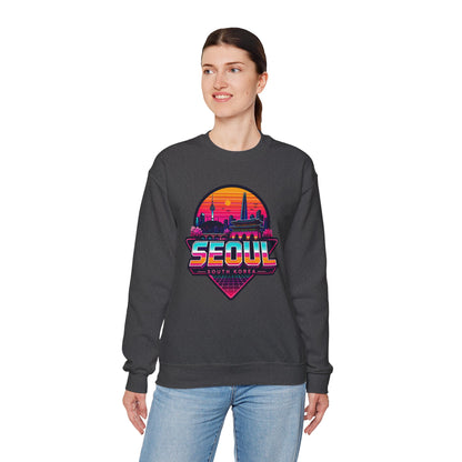 Dark gray crewneck sweatshirt with Seoul cityscape graphic on chest