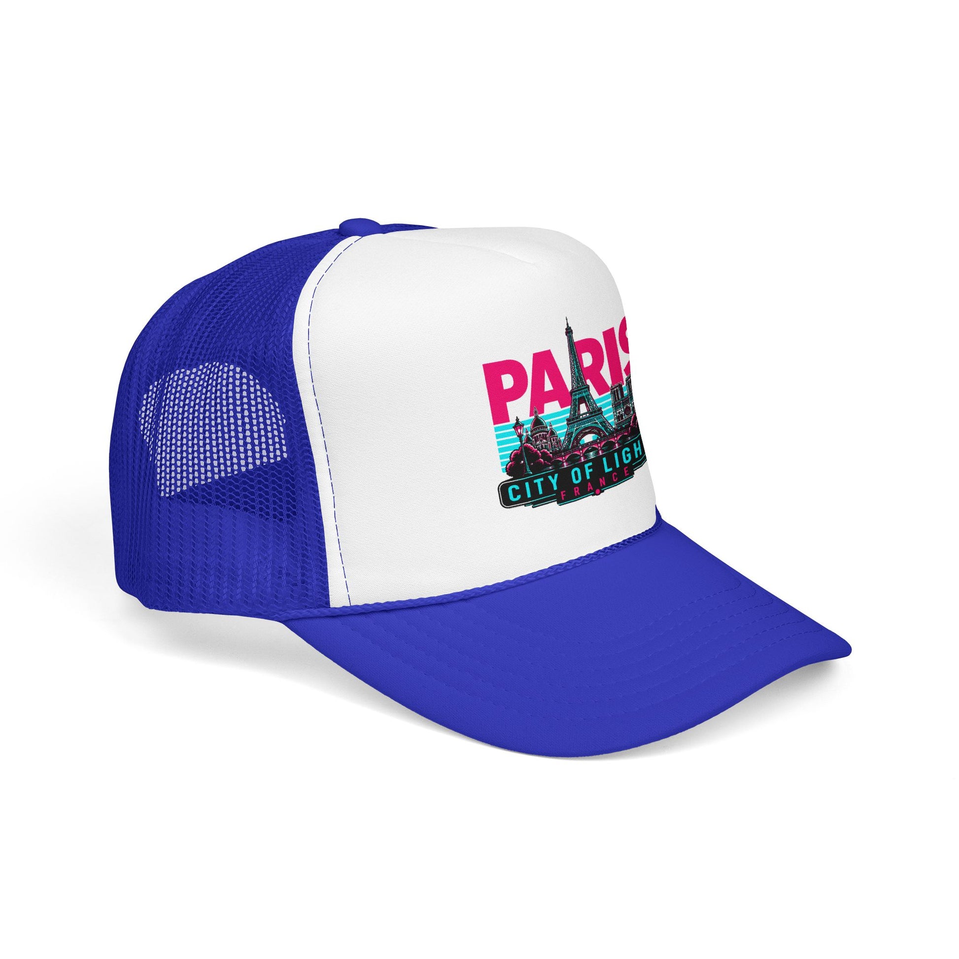 Trucker hat with white front panel, royal blue mesh sides, and Paris graphic on crown