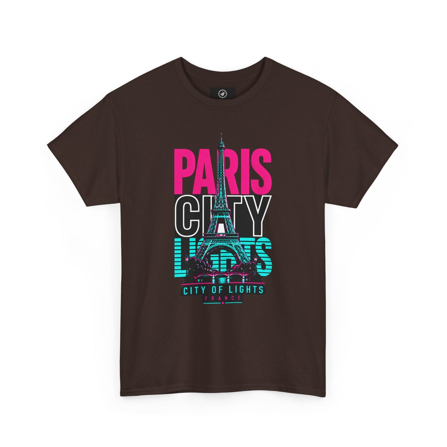 Dark brown T-shirt with neon Eiffel Tower graphic and 'PARIS CITY LIGHTS' print