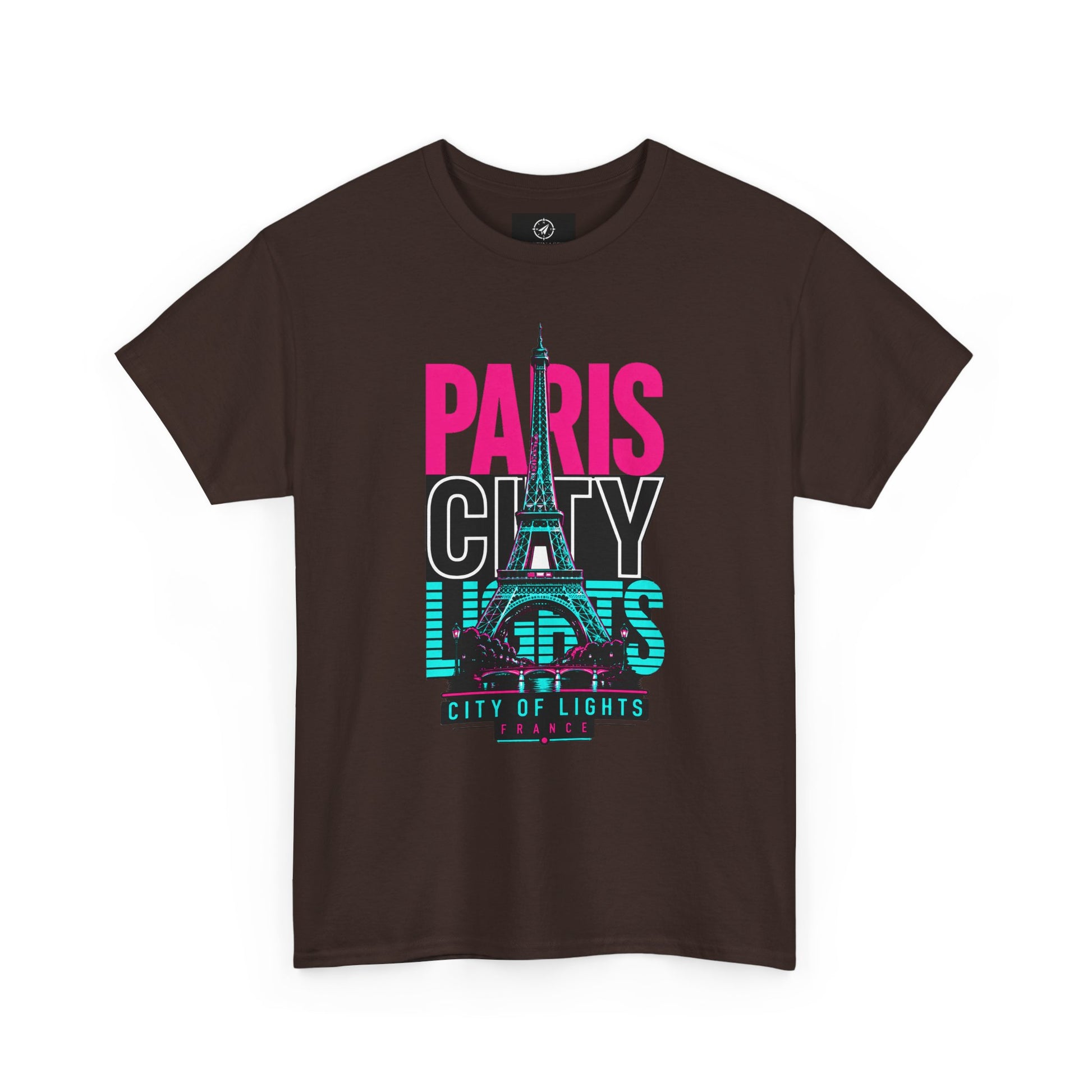 Dark brown T-shirt with neon Eiffel Tower graphic and 'PARIS CITY LIGHTS' print