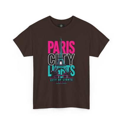 Dark brown T-shirt with neon Eiffel Tower graphic and 'PARIS CITY LIGHTS' print