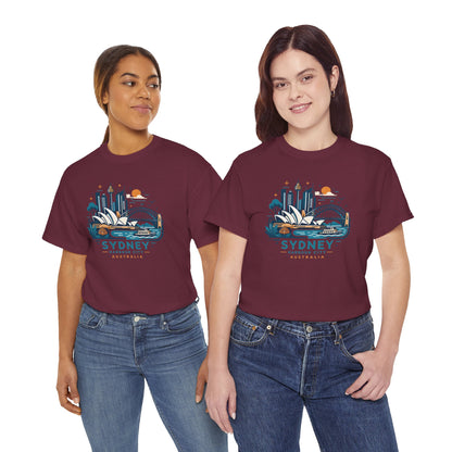 Maroon crew-neck T-shirt with Sydney cityscape graphic on the front and short sleeves.