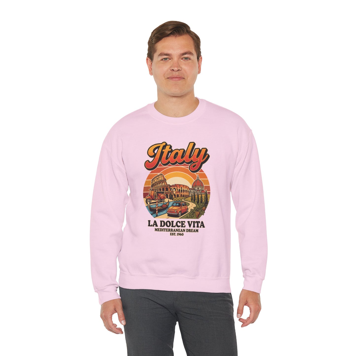 Light pink crewneck sweatshirt with multicolor “Italy La Dolce Vita” graphic on front