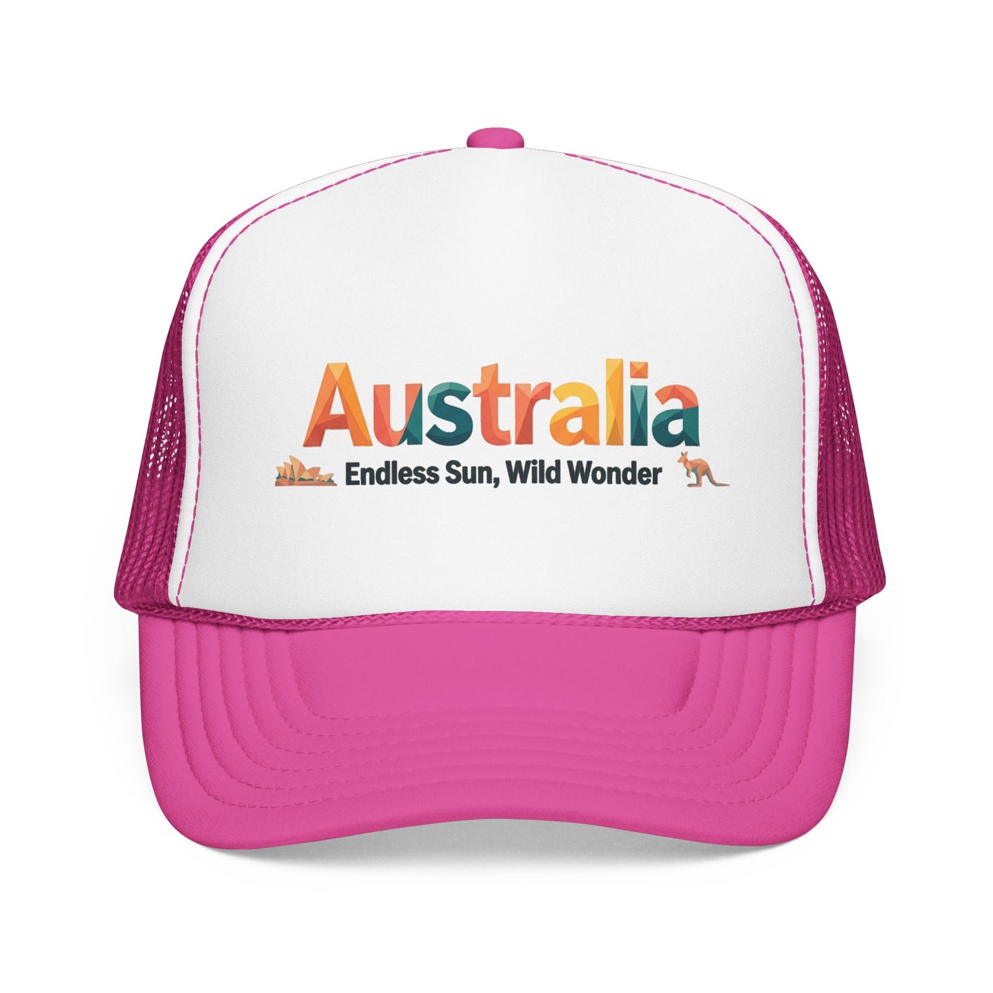 White and hot pink mesh trucker cap with 'Australia' front logo