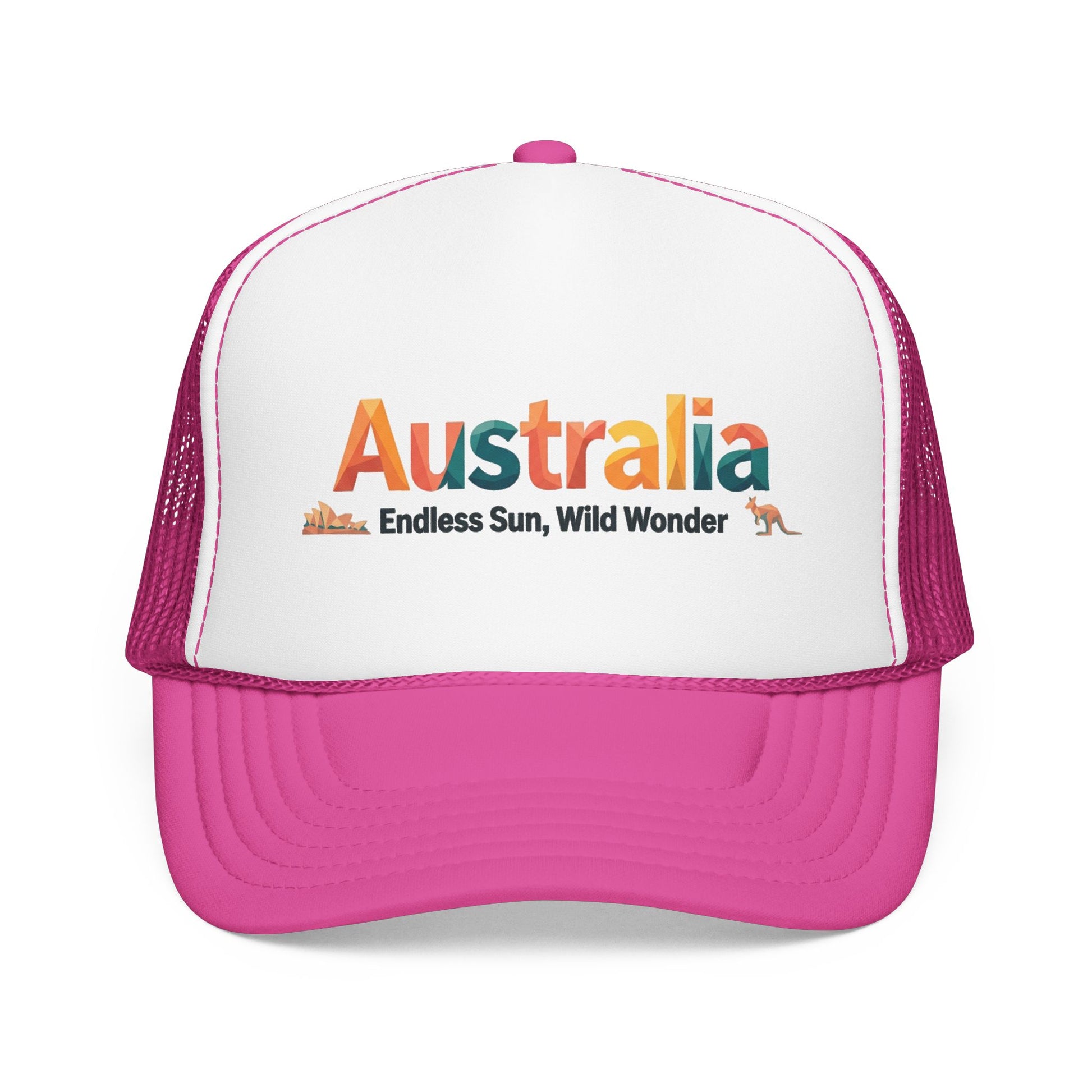 White and hot pink mesh trucker cap with 'Australia' front logo