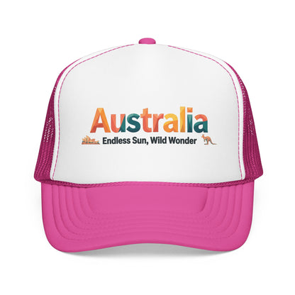 White and hot pink mesh trucker cap with 'Australia' front logo