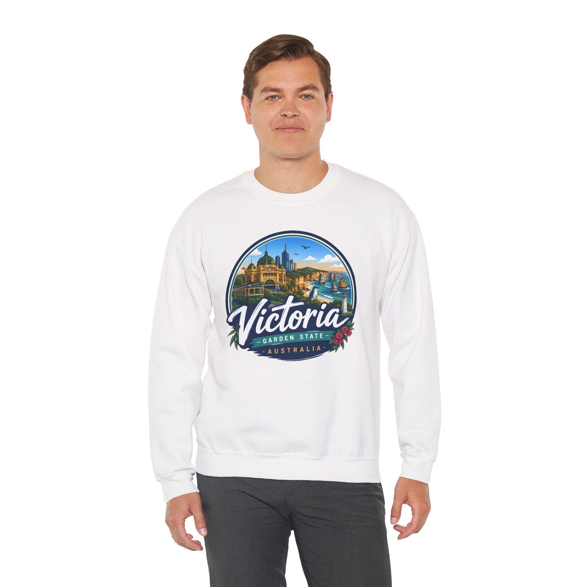 White vintage crewneck sweatshirt with Victoria Australia graphic centered on chest