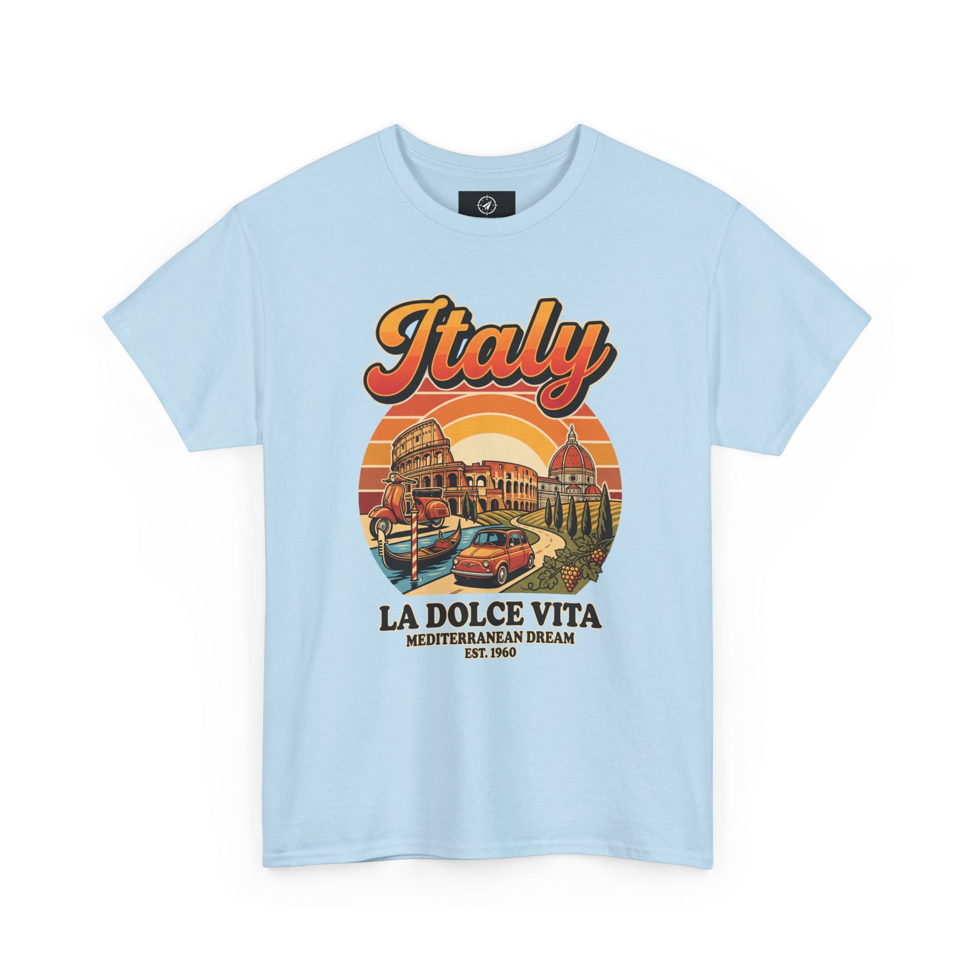 Light blue vintage T-shirt with “Italy” graphic and “La Dolce Vita” print