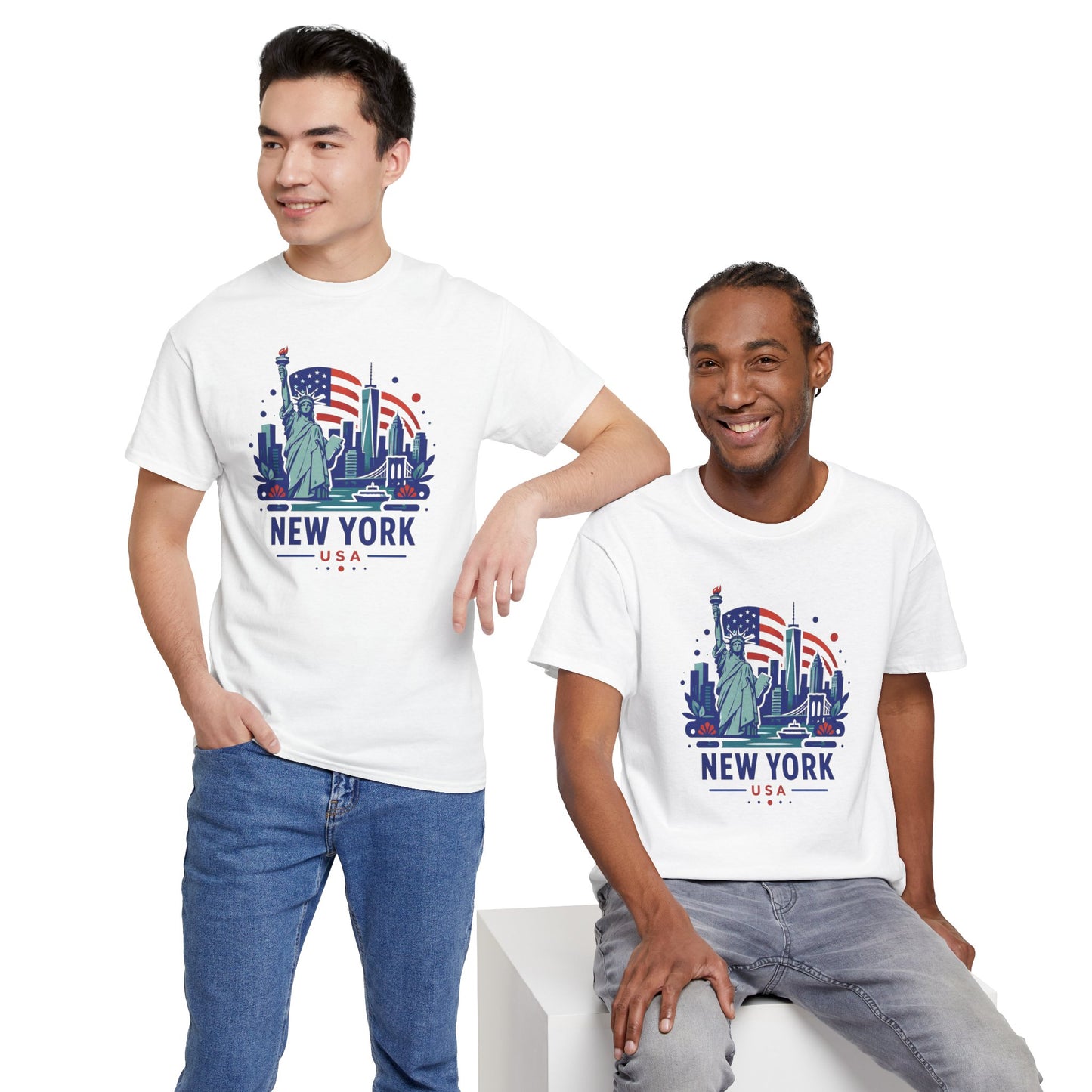 White T-shirt with Statue of Liberty and skyline graphic, worn by two men