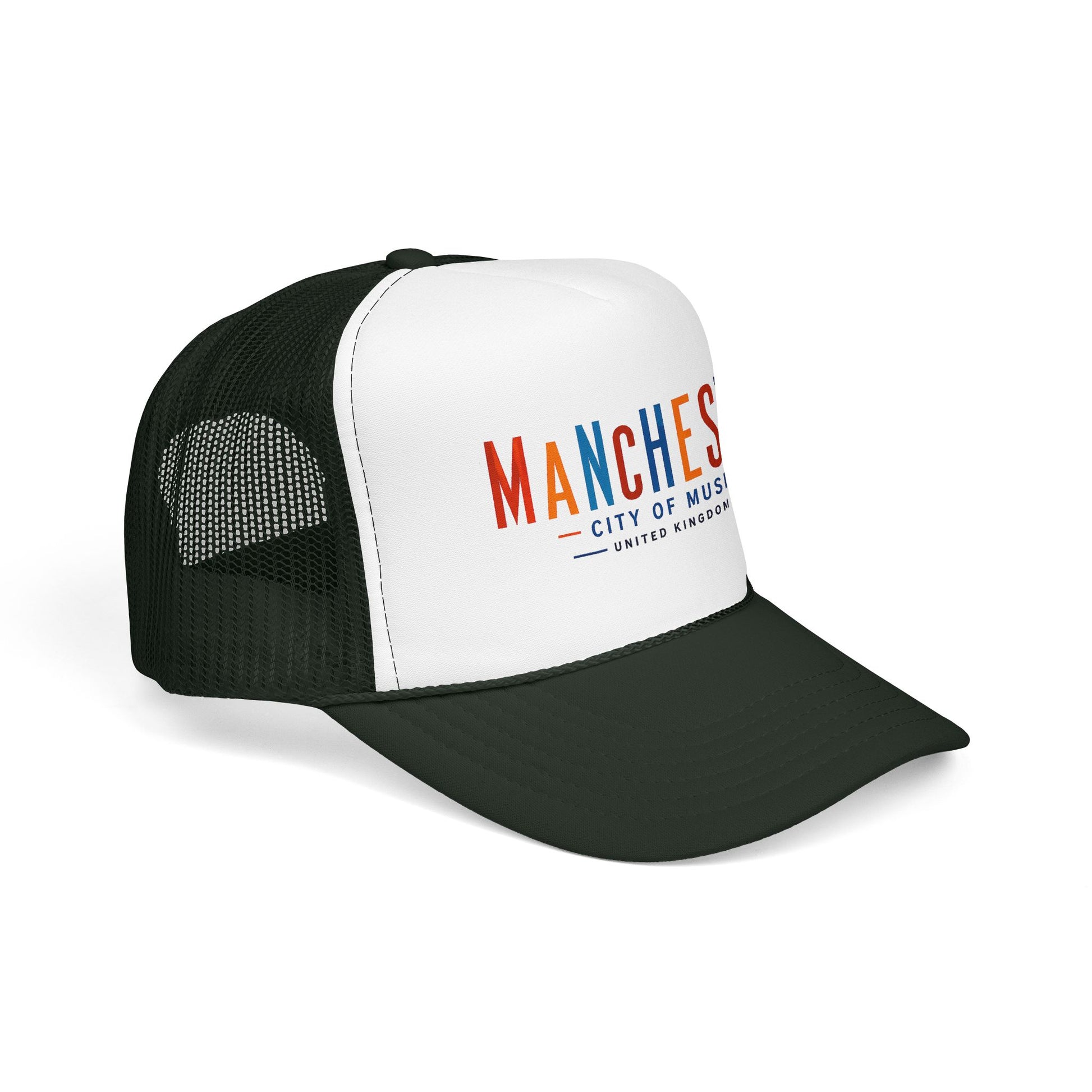 Dark green and white trucker hat with Manchester City of Music logo and curved brim
