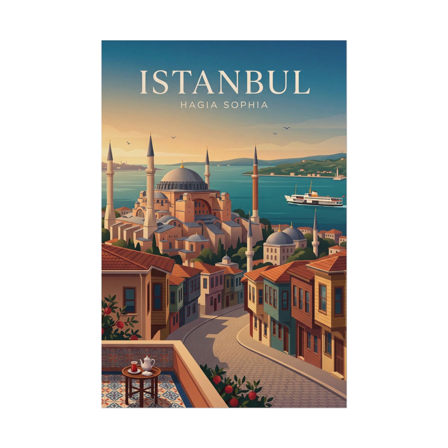 Travel poster with Istanbul title, mosque towers, and waterfront cruise ship