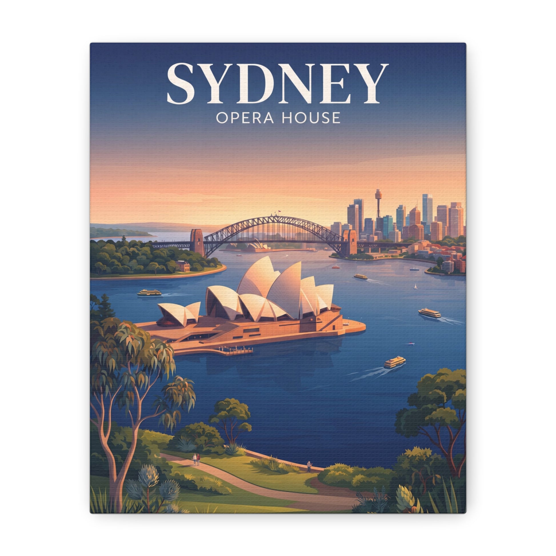 Stretched canvas wall art showing Sydney Opera House and skyline, sunset colors.