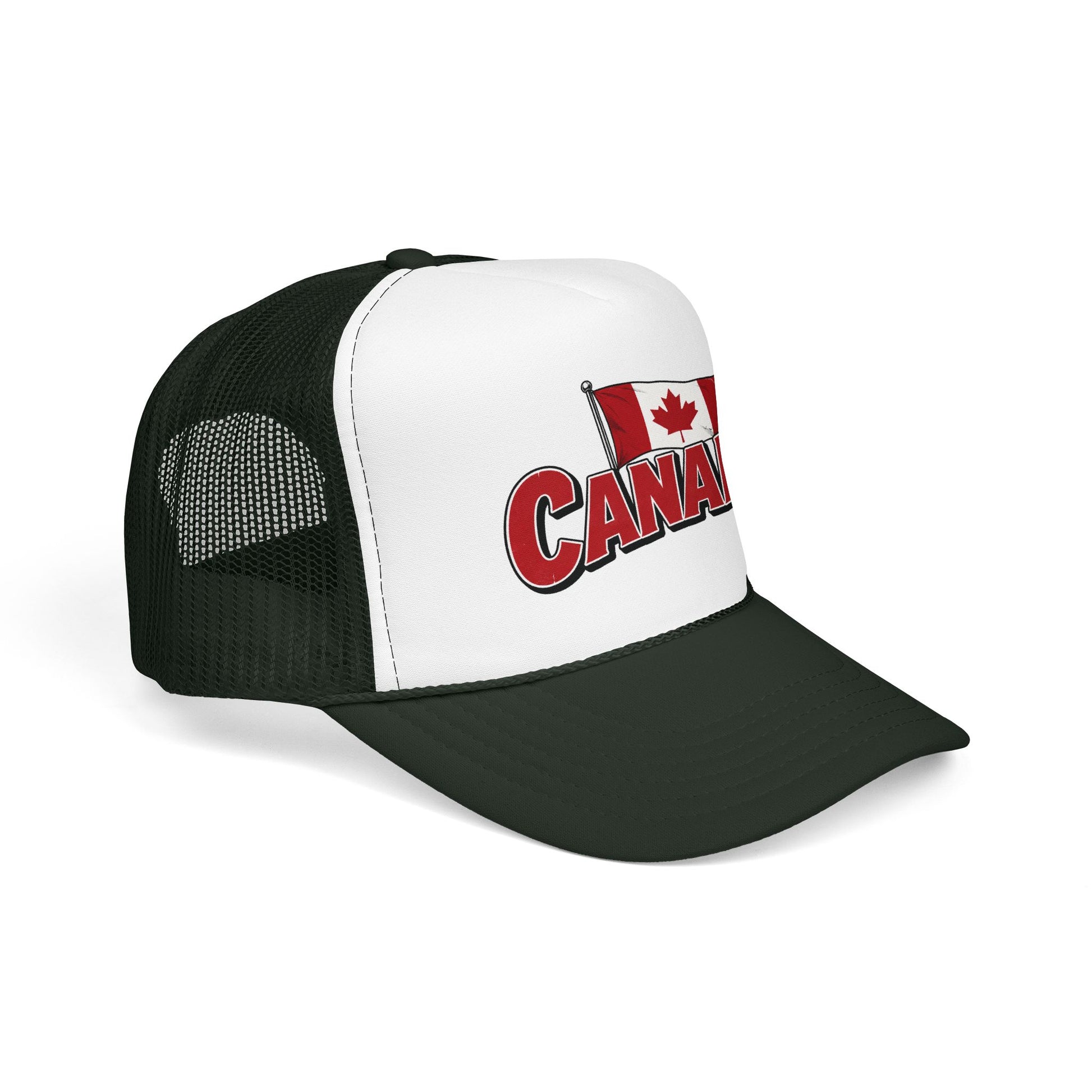 Canada flag trucker hat with dark green mesh, white front panel, Canada crest logo