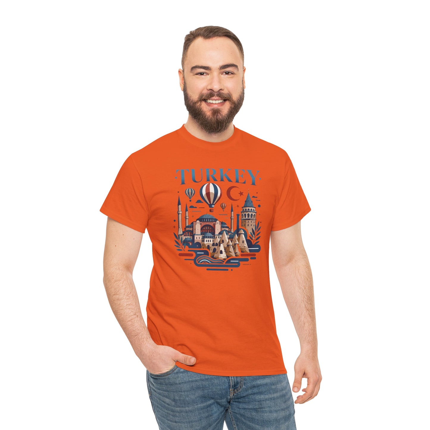 Citrus orange T-shirt with Turkey skyline graphic, hot air balloons and crescent moon