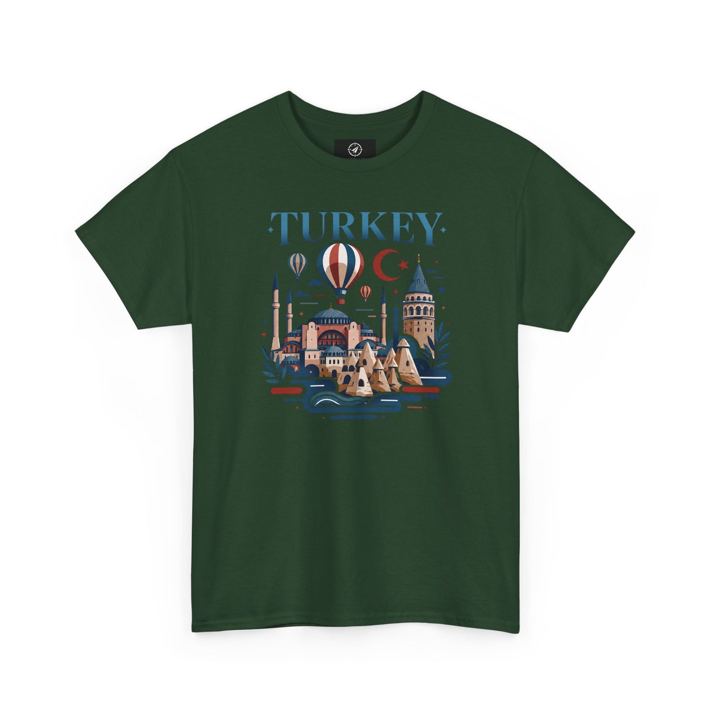 Military green T-shirt with Turkey skyline and hot air balloon graphic
